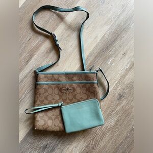 GUC Authentic Coach crossbody, light teal and browns, 10”x12” with wristlet.